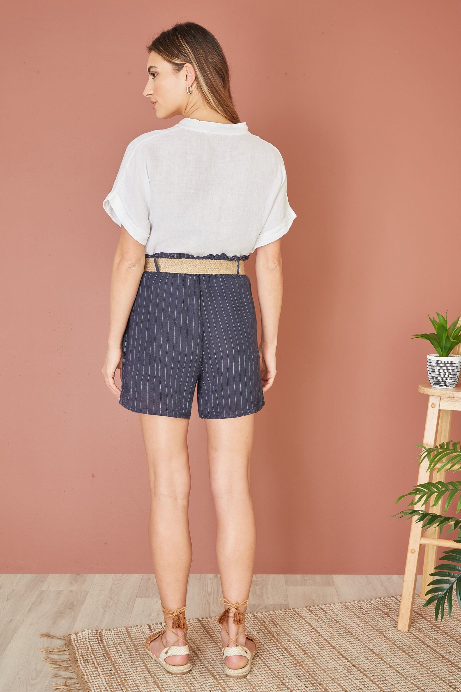 Yumi Blue Striped Italian Linen Shorts With Belt - Image 3 of 4