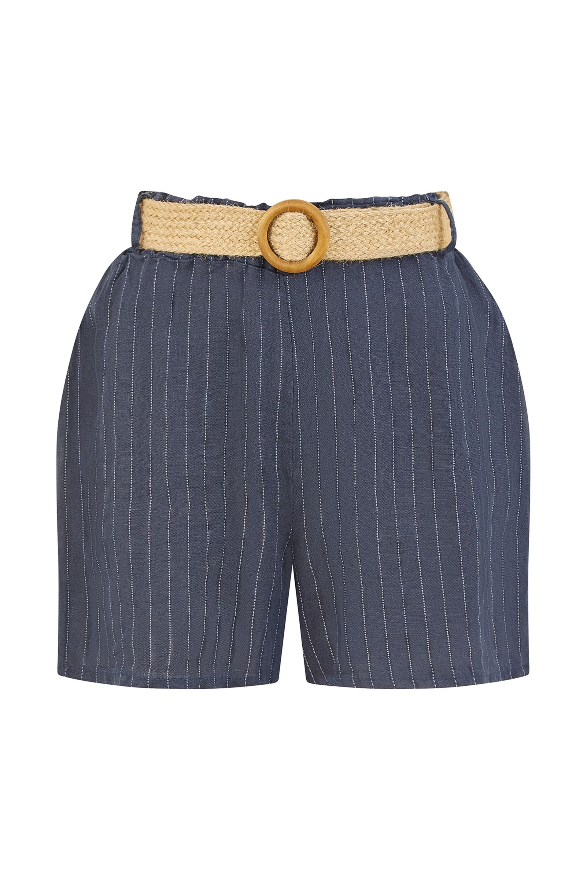 Yumi Blue Striped Italian Linen Shorts With Belt - Image 4 of 4