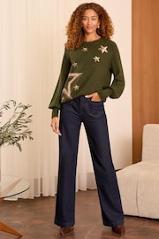 Love & Roses Khaki Sequin Cosy Crew Neck Longline Jumper - Image 3 of 4