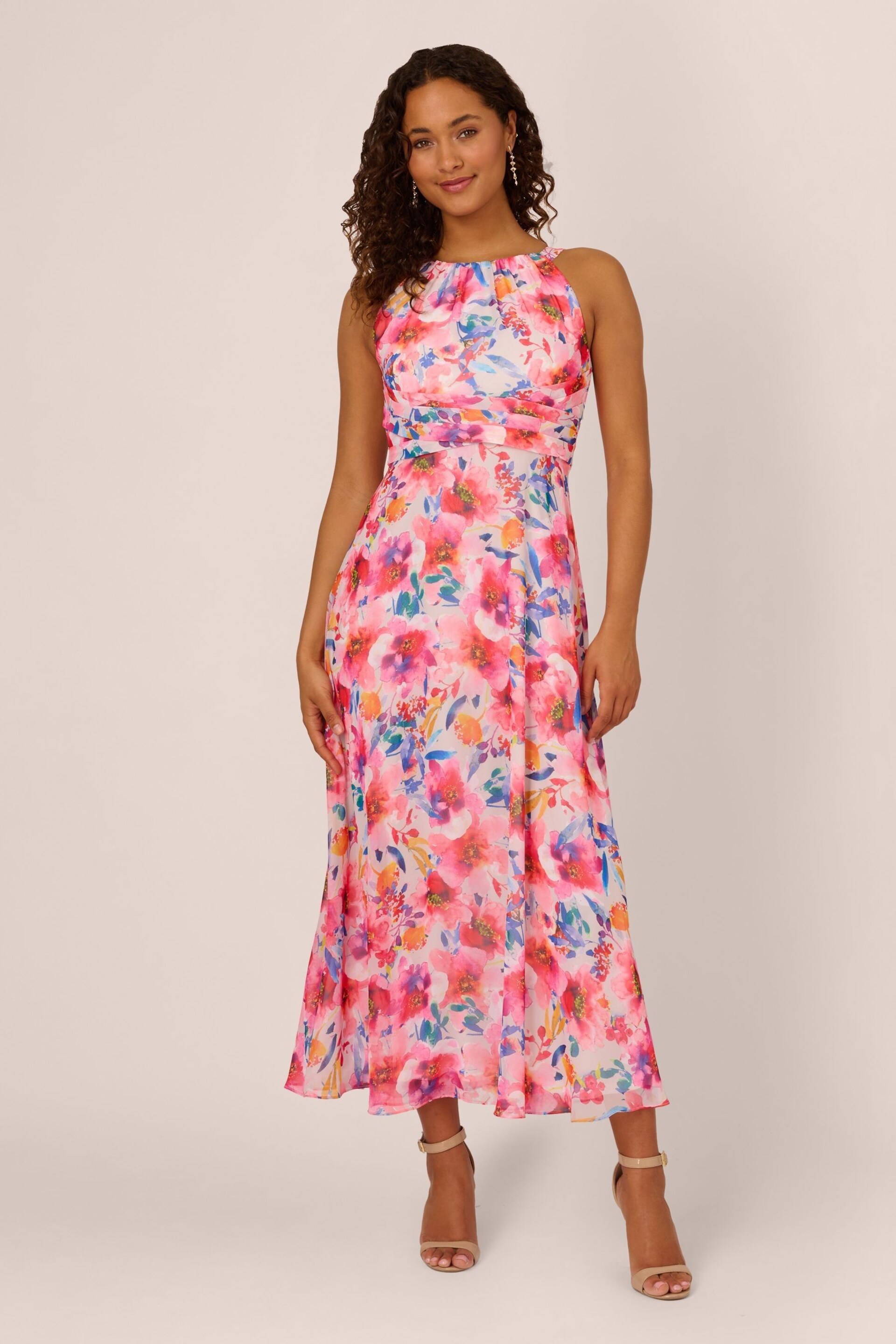 Adrianna Papell Floral Chiffon Halter White Dress - Image 1 of 7