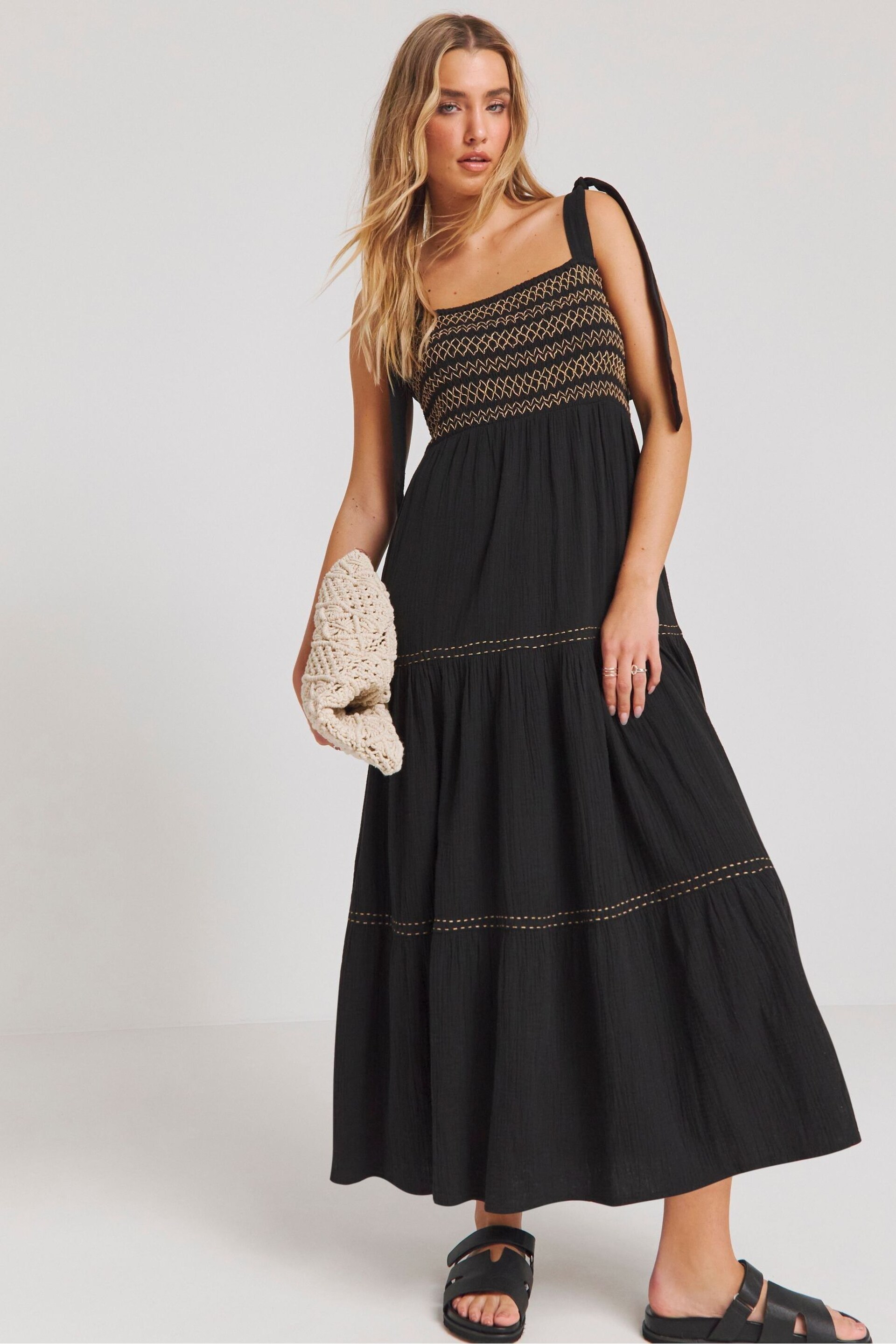 Simply Be Black Embroidered Tiered Maxi Dress - Image 1 of 4