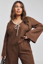 Simply Be Brown Contrast Trim Tie Front Blouse - Image 1 of 4