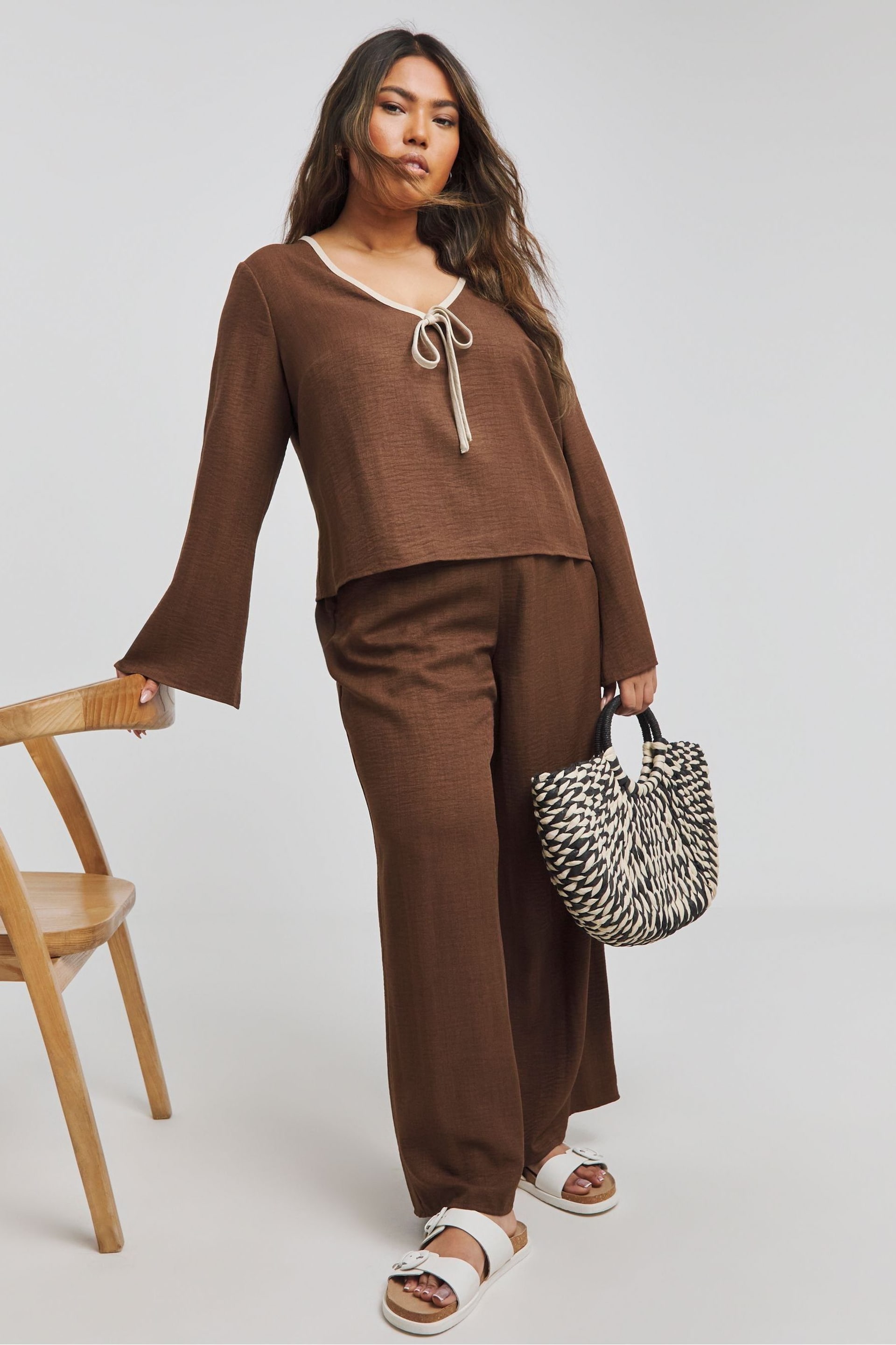 Simply Be Brown Contrast Trim Tie Front Blouse - Image 3 of 4