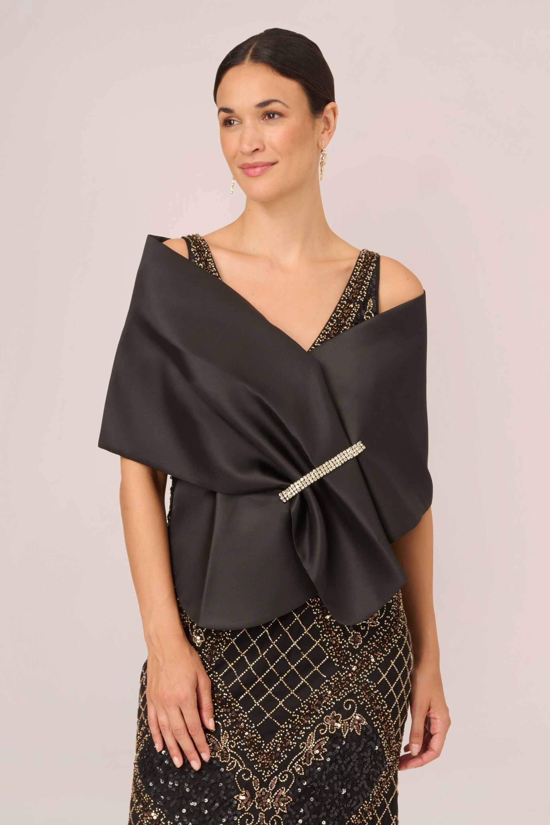 Adrianna Papell Mikado Embellished Wrap Black Poncho - Image 1 of 4