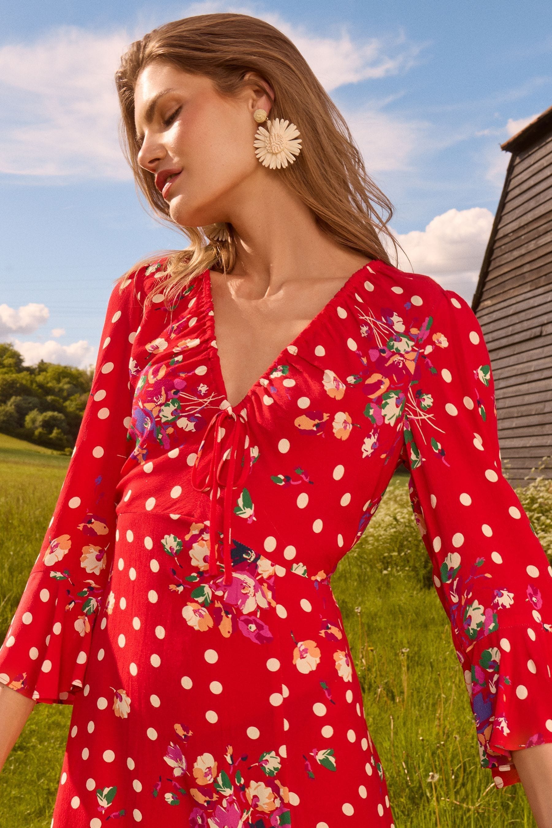 Love Roses Red Polka Dot Printed Flute Sleeve Midi Dress