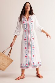 Boden White Petite Embroidered Belted Linen Dress - Image 1 of 5