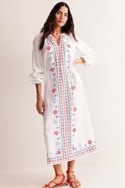 Boden White Petite Embroidered Belted Linen Dress - Image 4 of 5