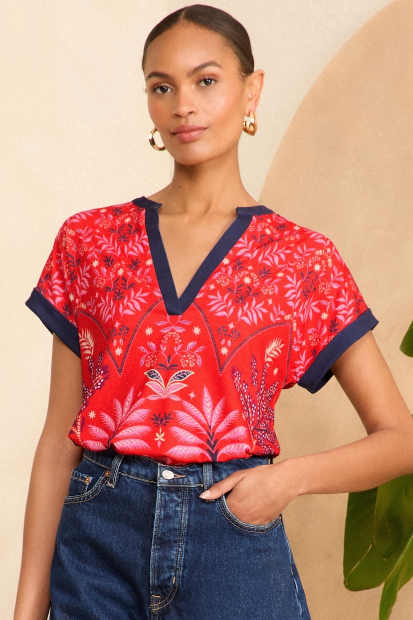Love & Roses Red Woodblock Jersey V Neck Shortss Sleeve T-Shirt - Image 1 of 4