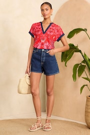 Love & Roses Red Woodblock Jersey V Neck Shorts Sleeve T-Shirt - Image 4 of 4