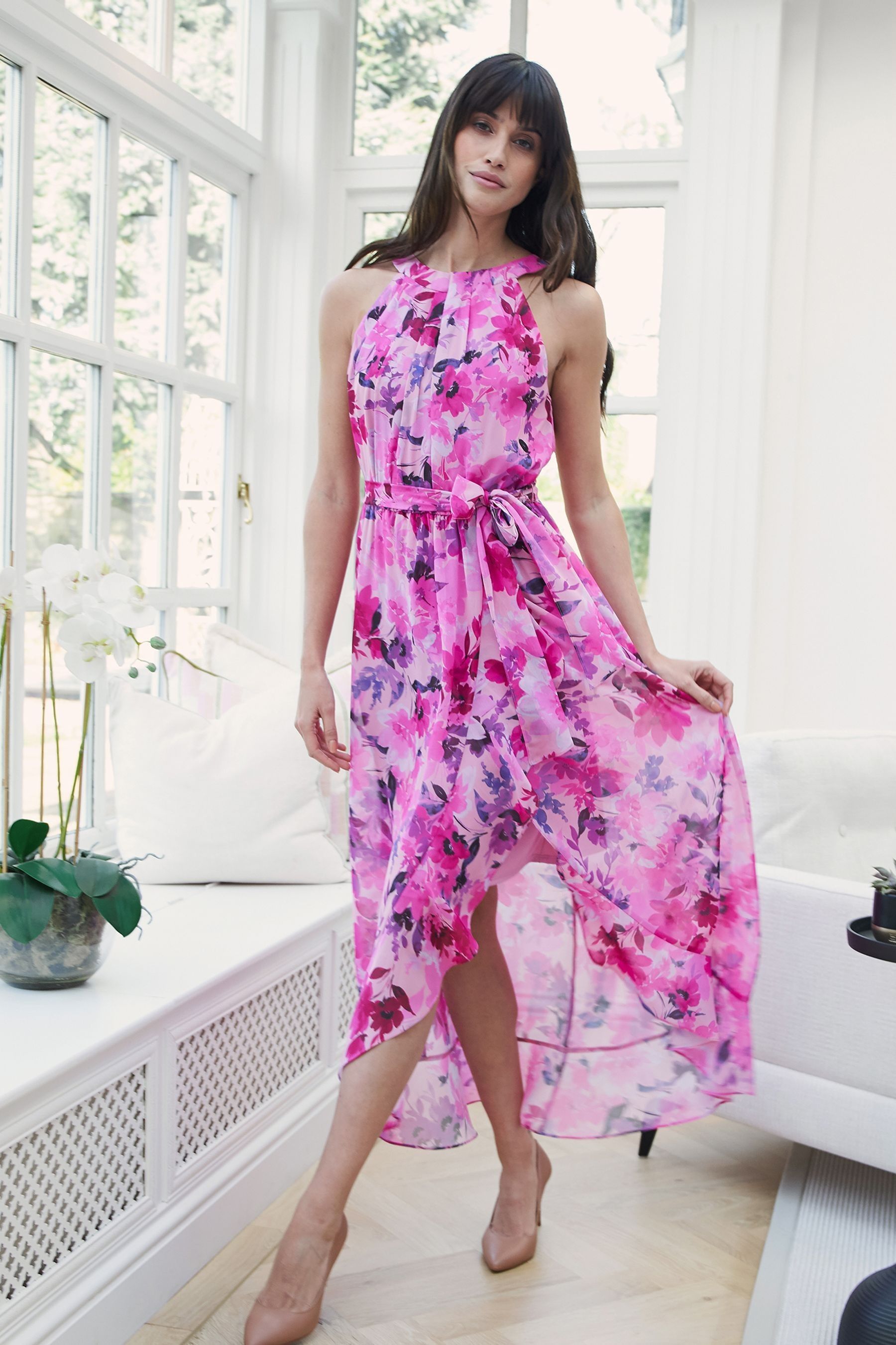 Buy Gina Bacconi Pink Hermione Printed Keyhole Halter Maxi Dress from Next Luxembourg