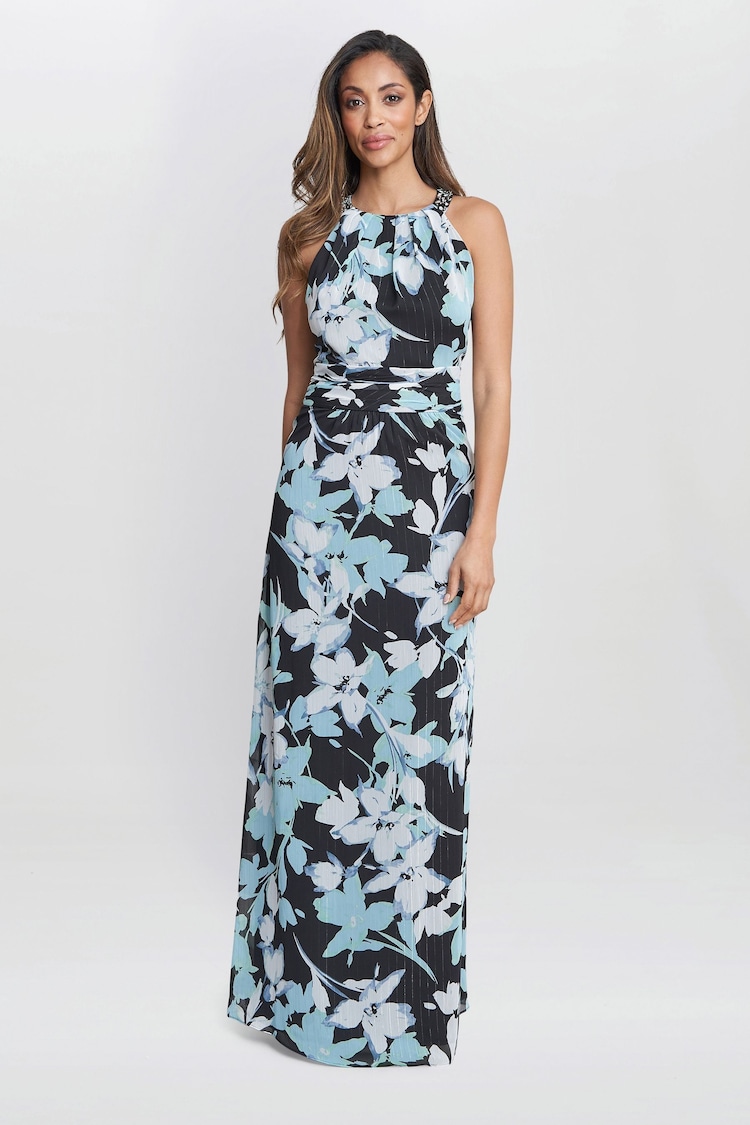 Gina Bacconi Irina Printed Halter Neck Maxi Black Dress With Embellished Neckline - Image 1 of 6