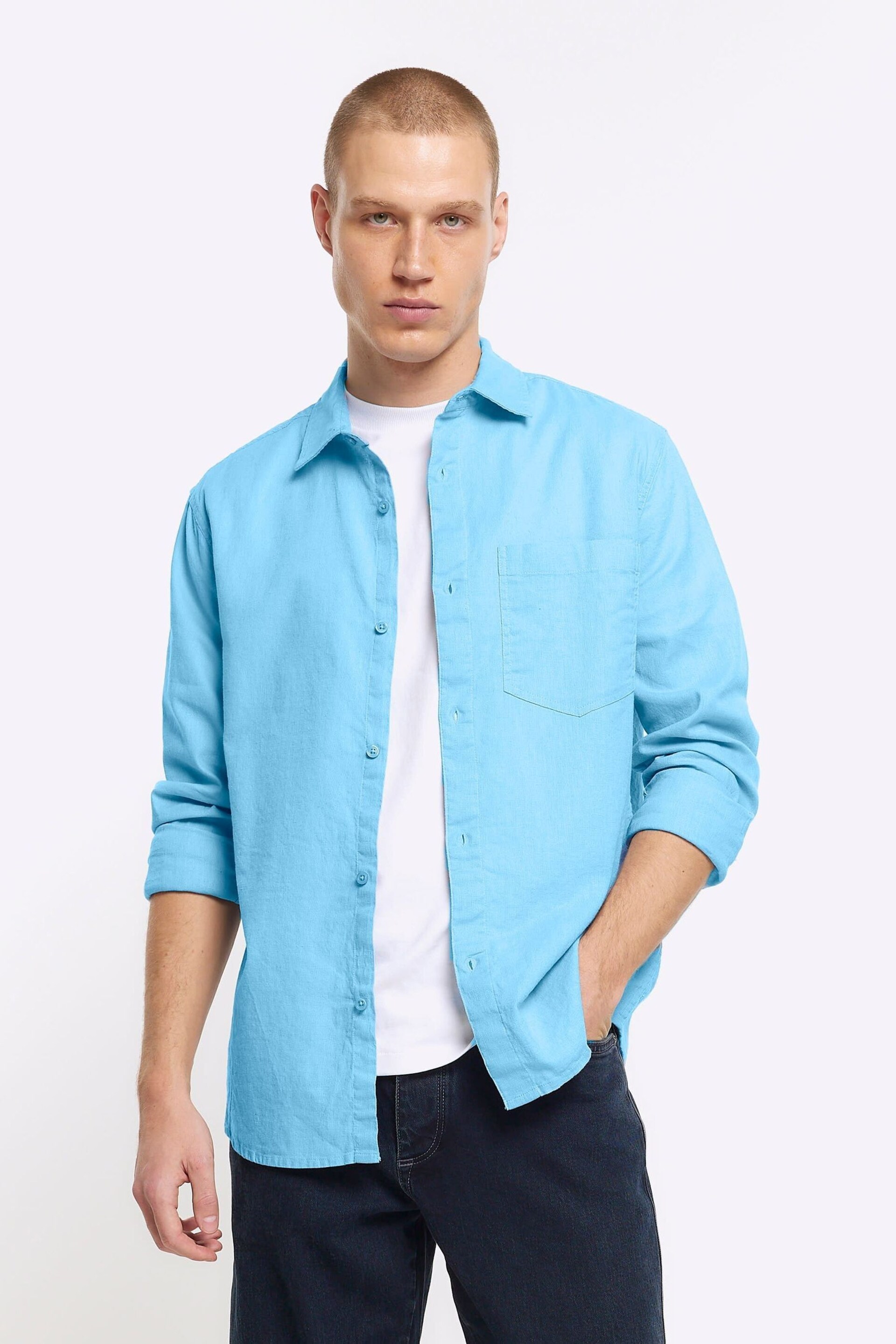 River Island Blue Long Sleeve Linen Shirt - Image 1 of 4