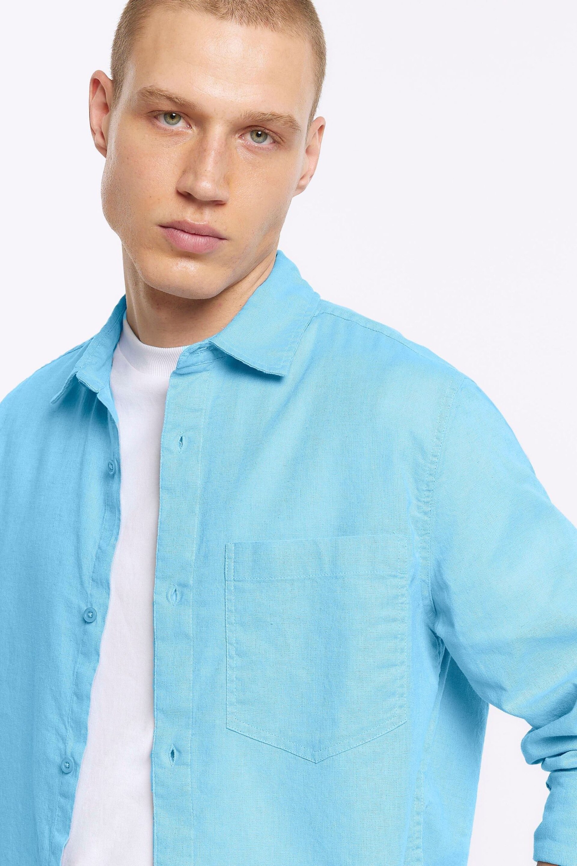 River Island Blue Long Sleeve Linen Shirt - Image 3 of 4