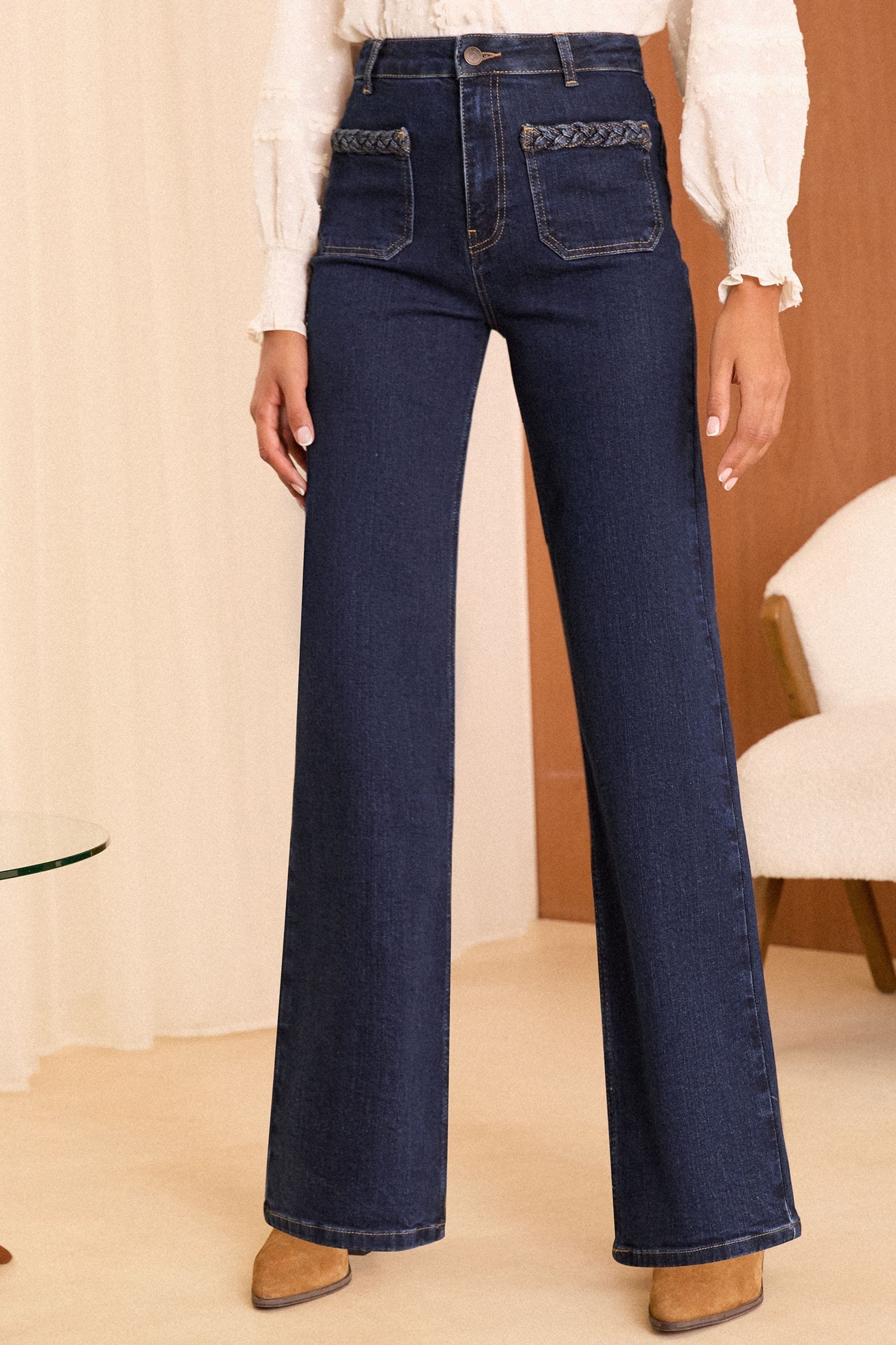 Love Roses Dark Wash Blue High Waist Wide Leg Plait Pocket Jeans 4 Womens