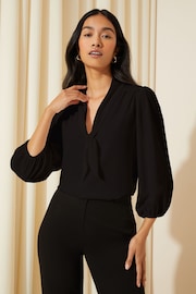 Friends Like These Solid Black Petite V Neck Bow Front 3/4 Sleeve Blouse - Image 3 of 4