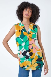 Roman Green Contrast Floral Print Sleeveless Blouse - Image 2 of 5