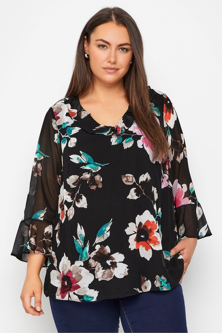 Evans Floral Frill Neck Black Blouse - Image 1 of 1