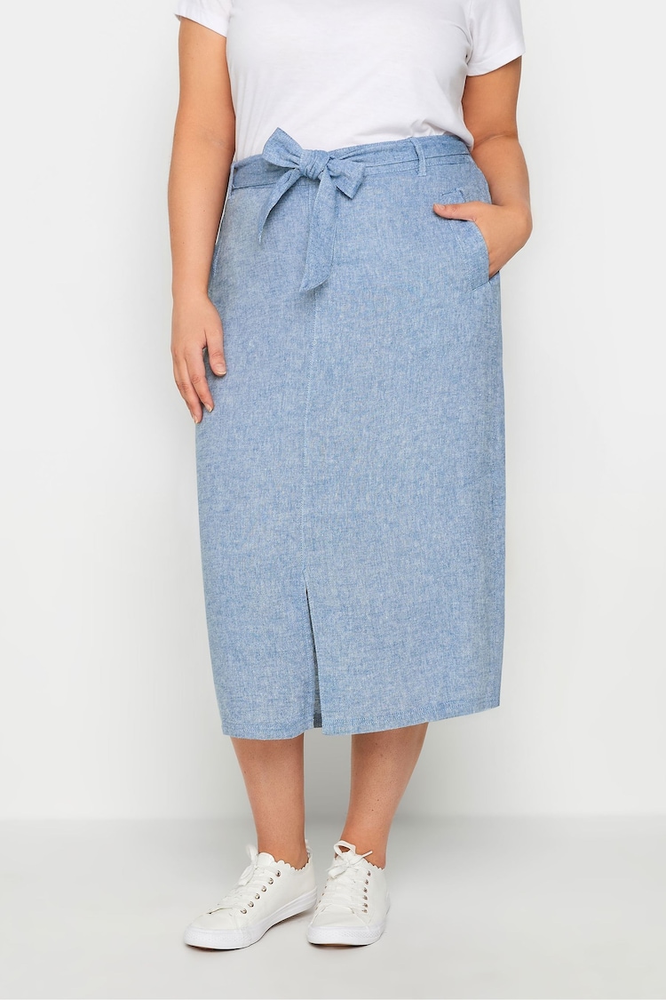 Evans Light Blue Tie Waist Linen Blend Midi Skirt - Image 1 of 2