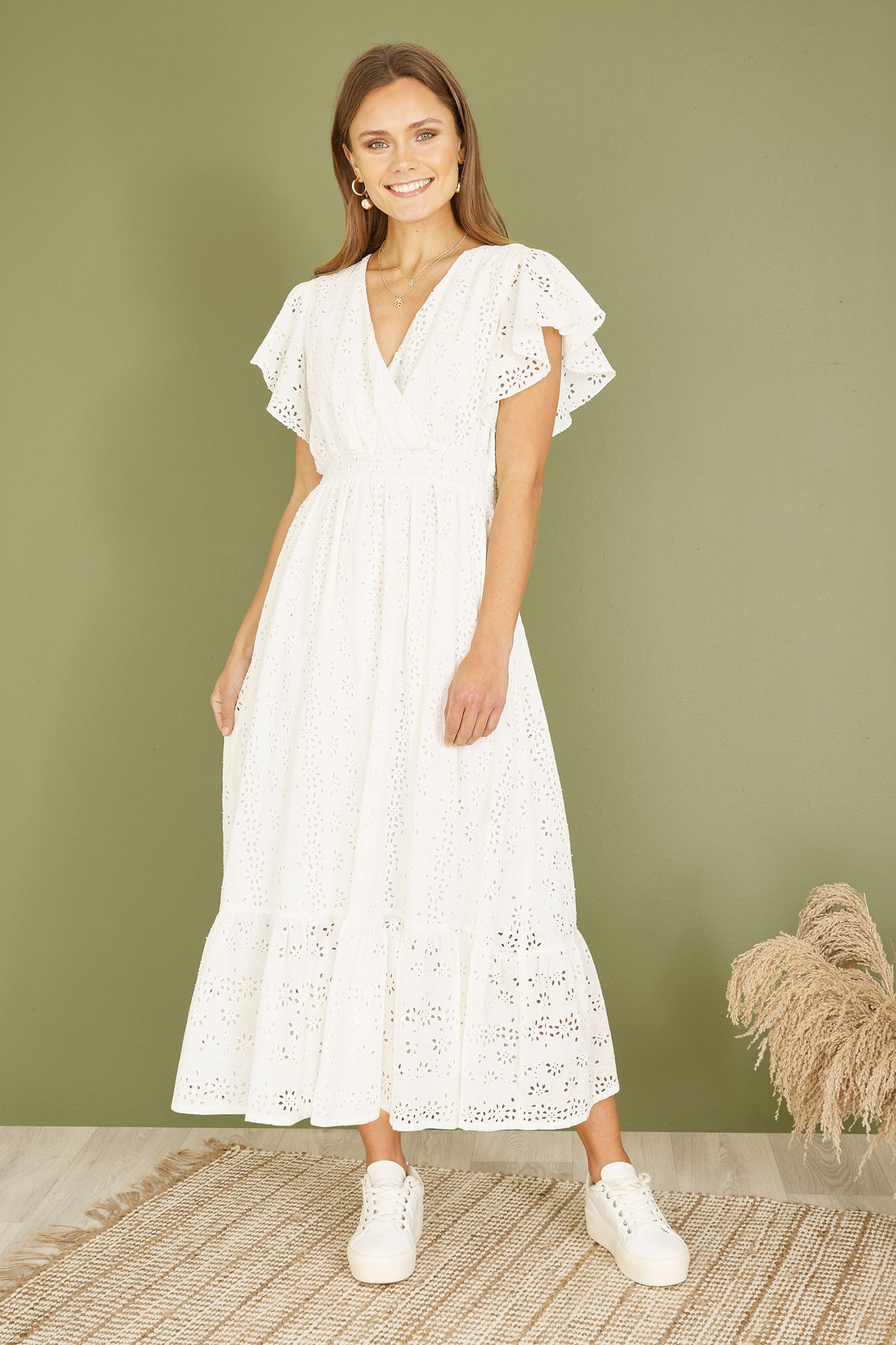 Mela White Cotton Broderie Anglaise Wrap Midi Dress - Image 1 of 5