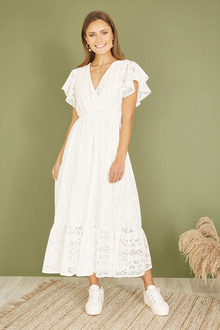 Mela White 100% Cotton Broderie Anglaise Wrap Midi Dress - Image 1 of 5