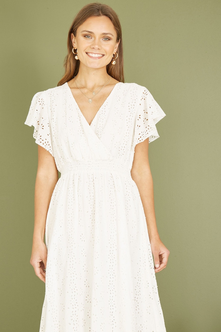 Mela White 100% Cotton Broderie Anglaise Wrap Midi Dress - Image 2 of 5