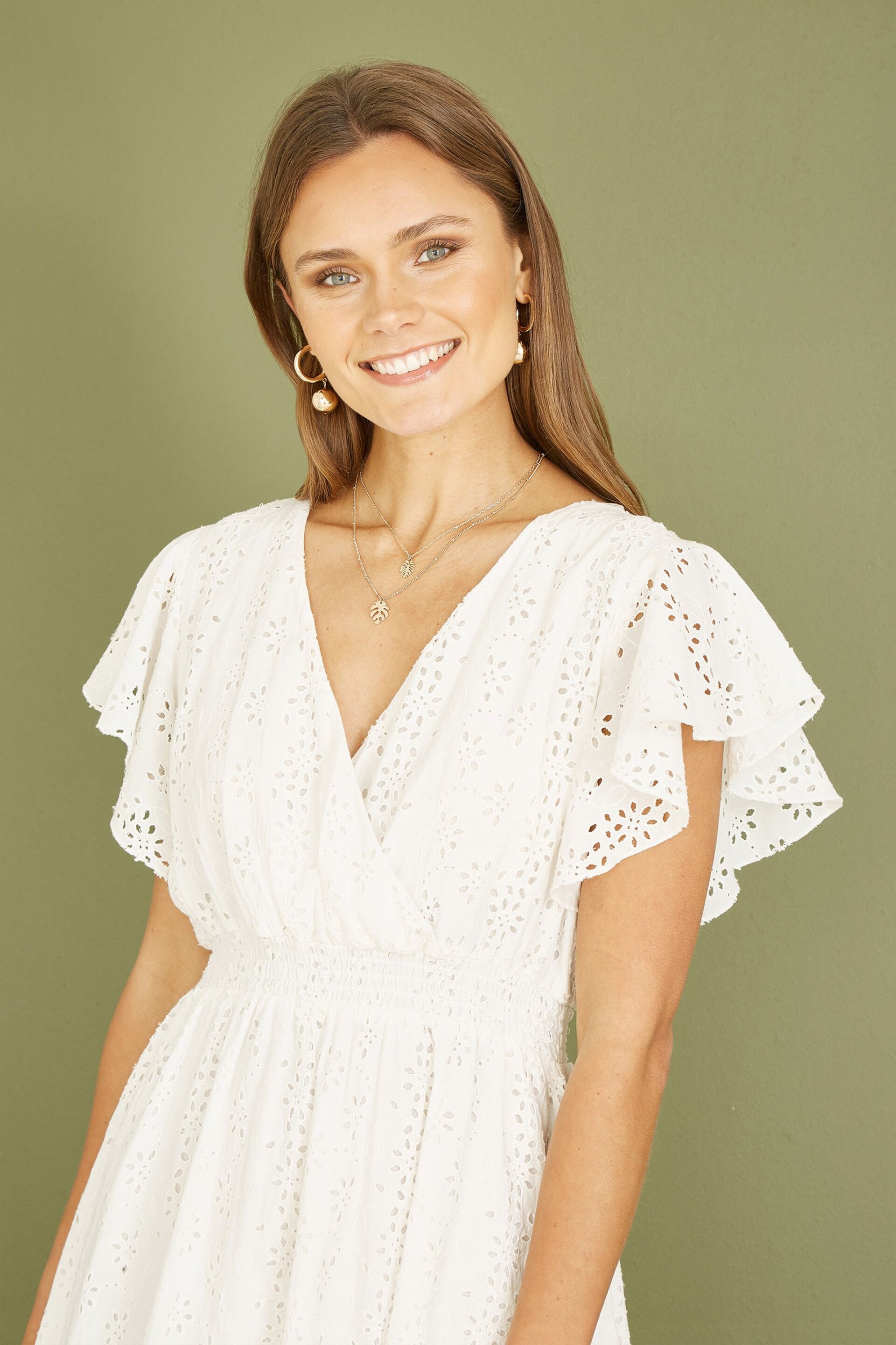 Mela White Cotton Broderie Anglaise Wrap Midi Dress - Image 3 of 5