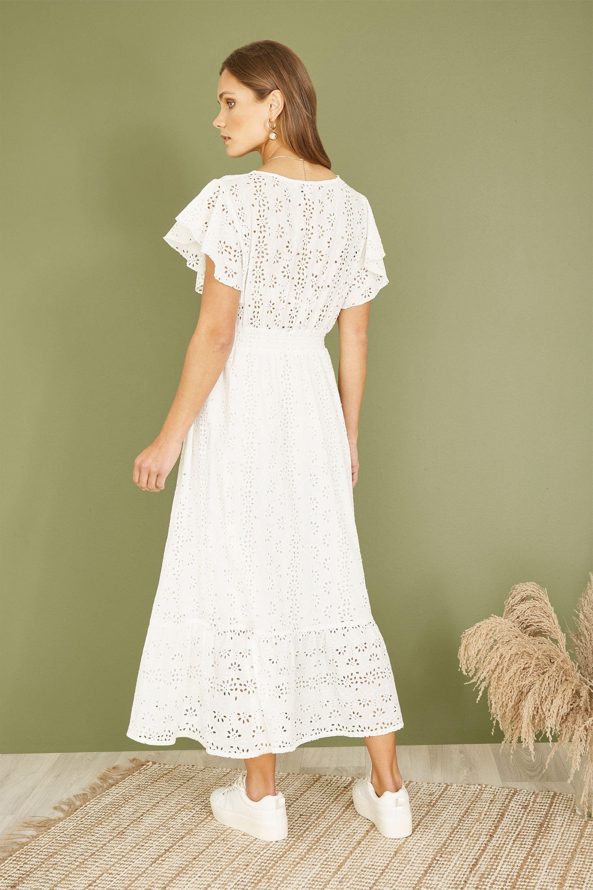 Mela White Cotton Broderie Anglaise Wrap Midi Dress - Image 4 of 5