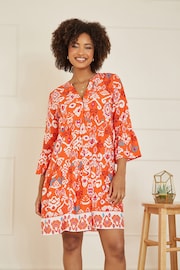 Yumi Orange Ikat Print 3/4 Sleeve Tunic Dress - Image 1 of 5