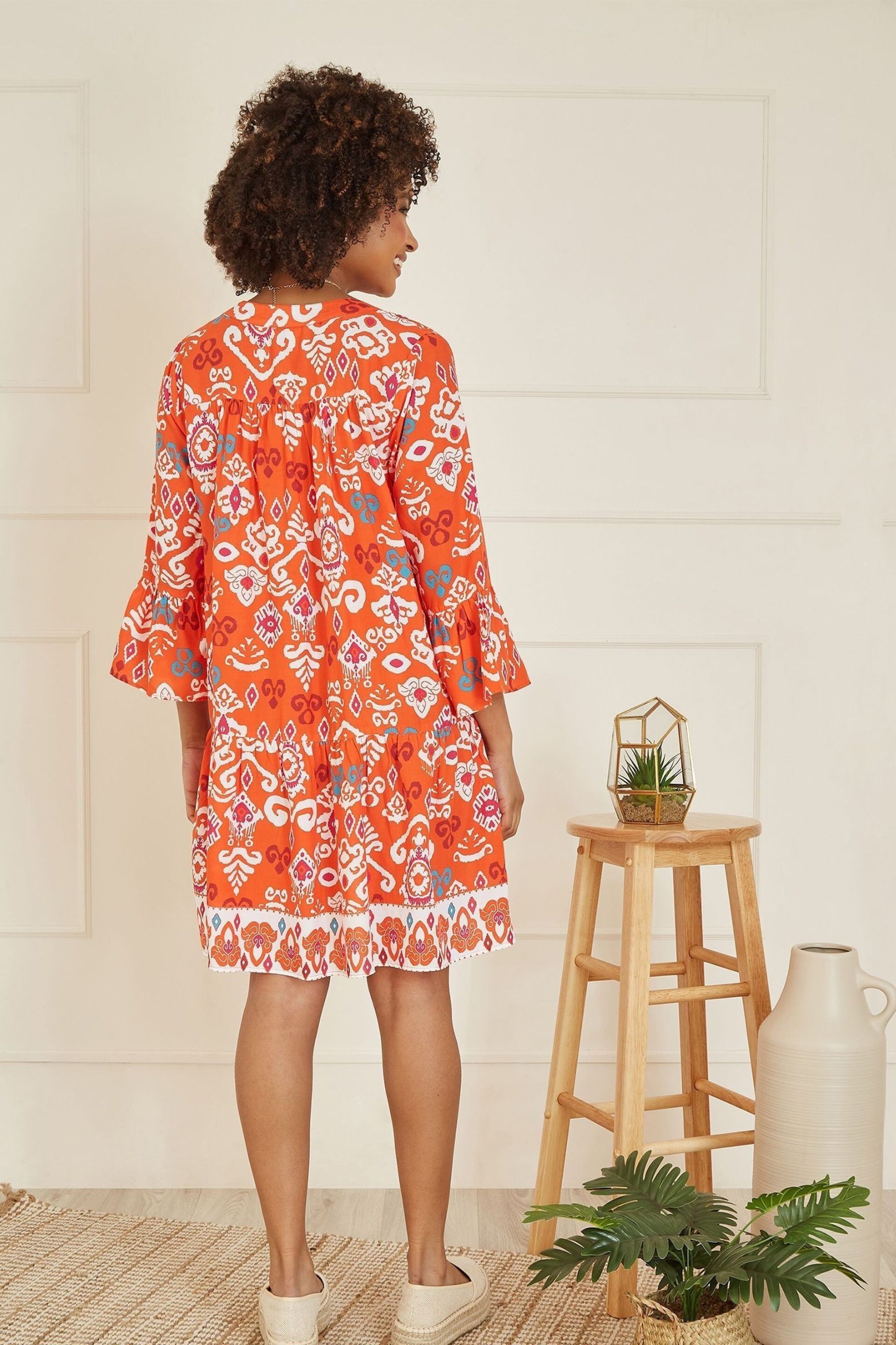 Yumi Orange Ikat Print 3/4 Sleeve Tunic Dress - Image 3 of 5