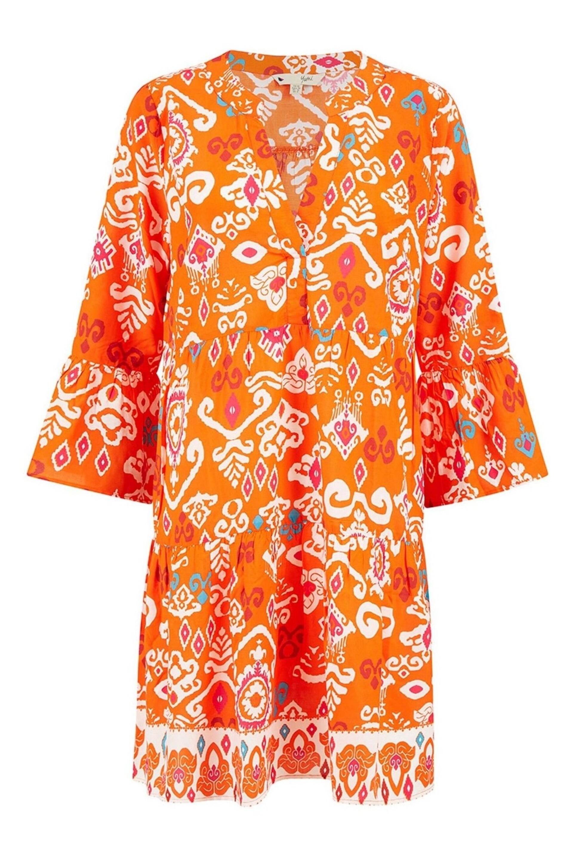 Yumi Orange Ikat Print 3/4 Sleeve Tunic Dress - Image 5 of 5
