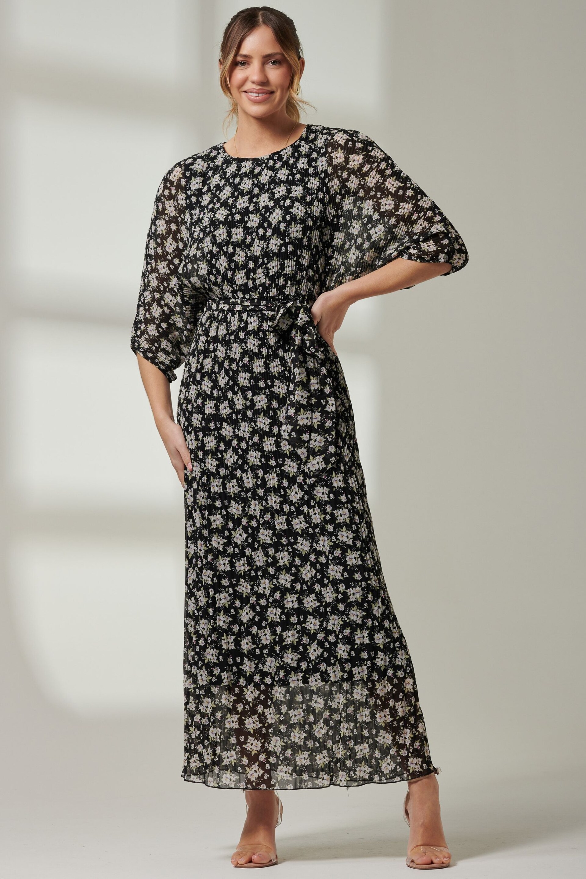 Jolie Moi Black Pleated Waist Tie Chiffon Maxi Dress - Image 1 of 7