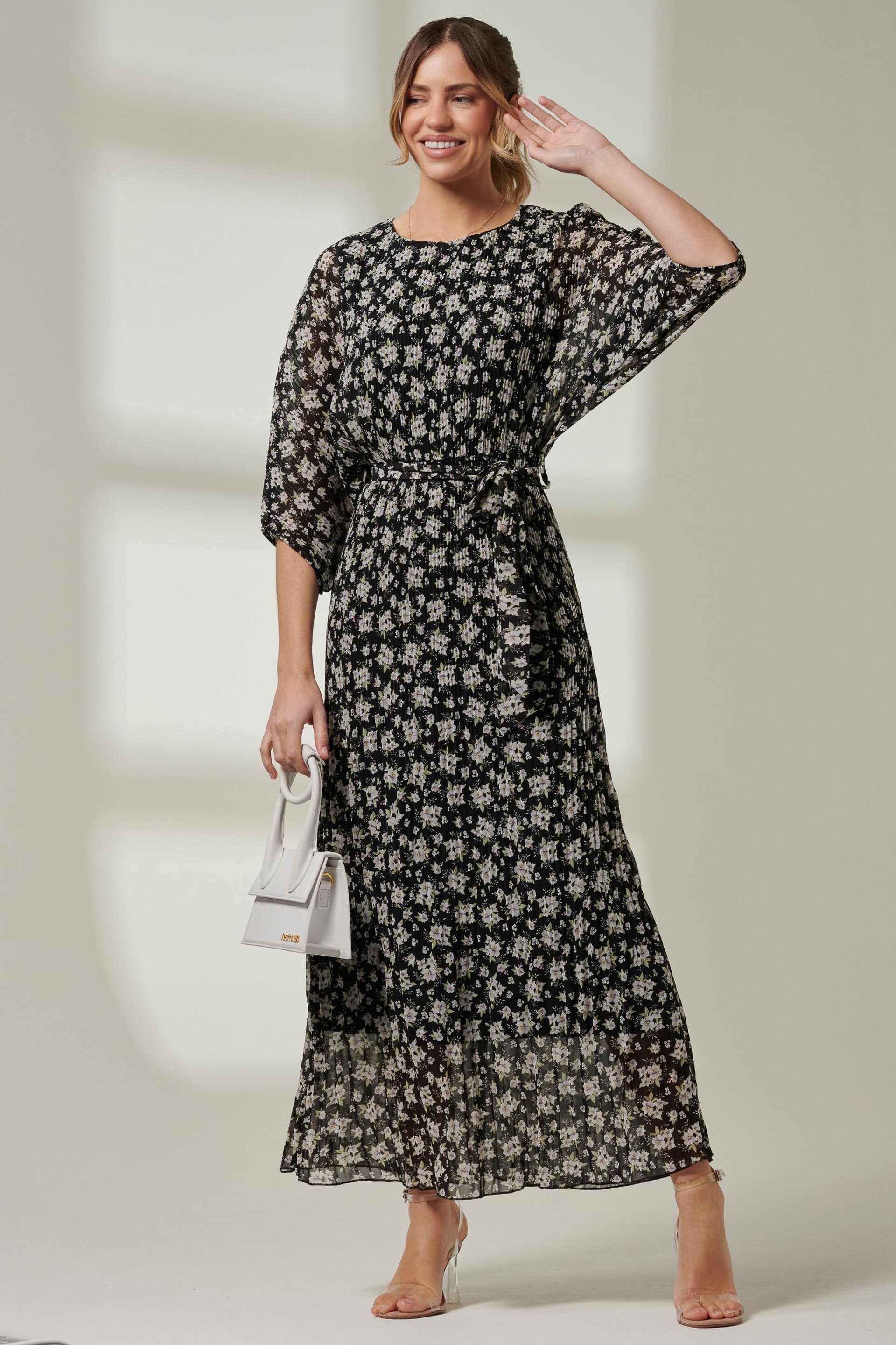 Jolie Moi Black Pleated Waist Tie Chiffon Maxi Dress - Image 5 of 7