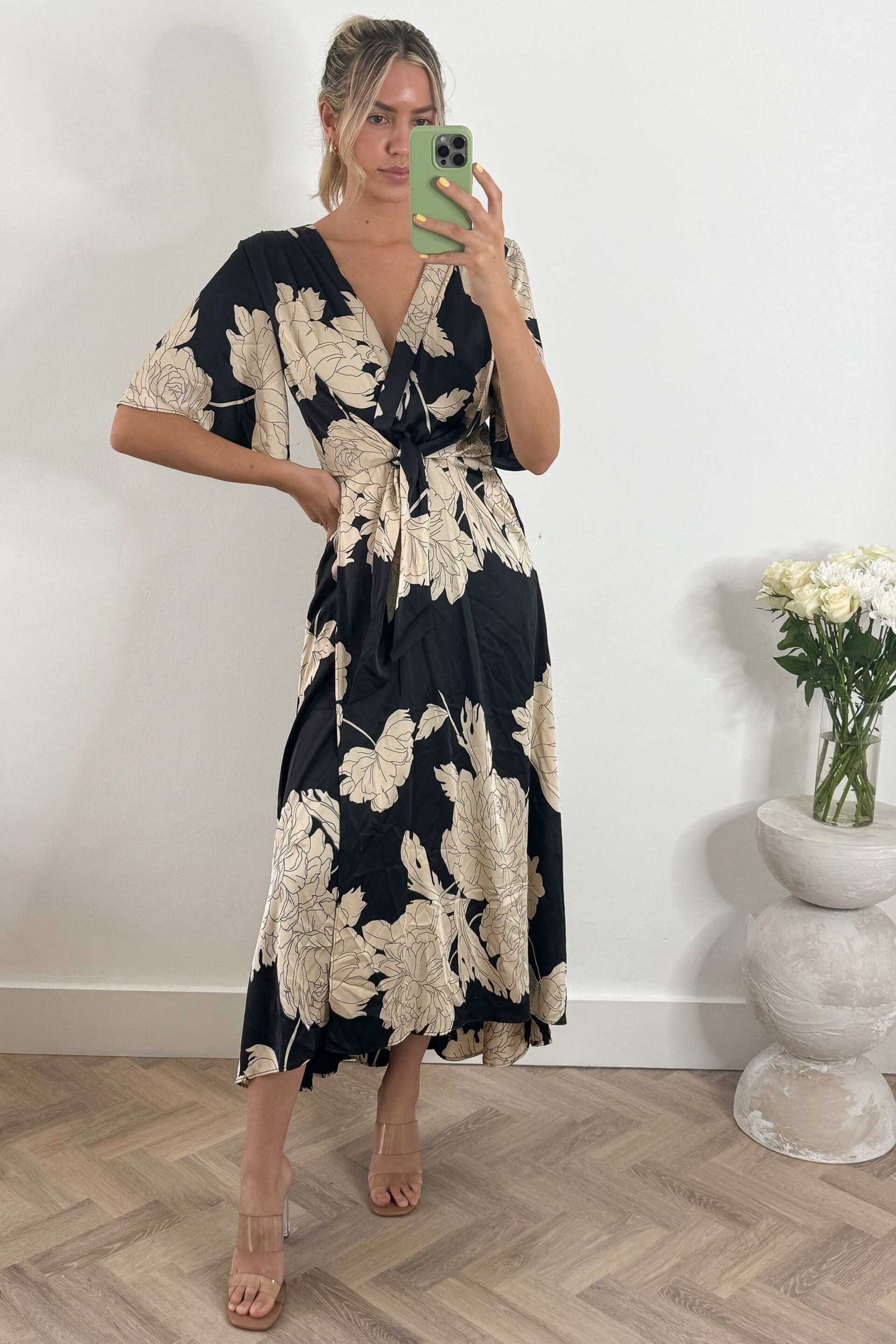 Jolie Moi Black Angel Sleeve Satin Maxi Dress - Image 1 of 6