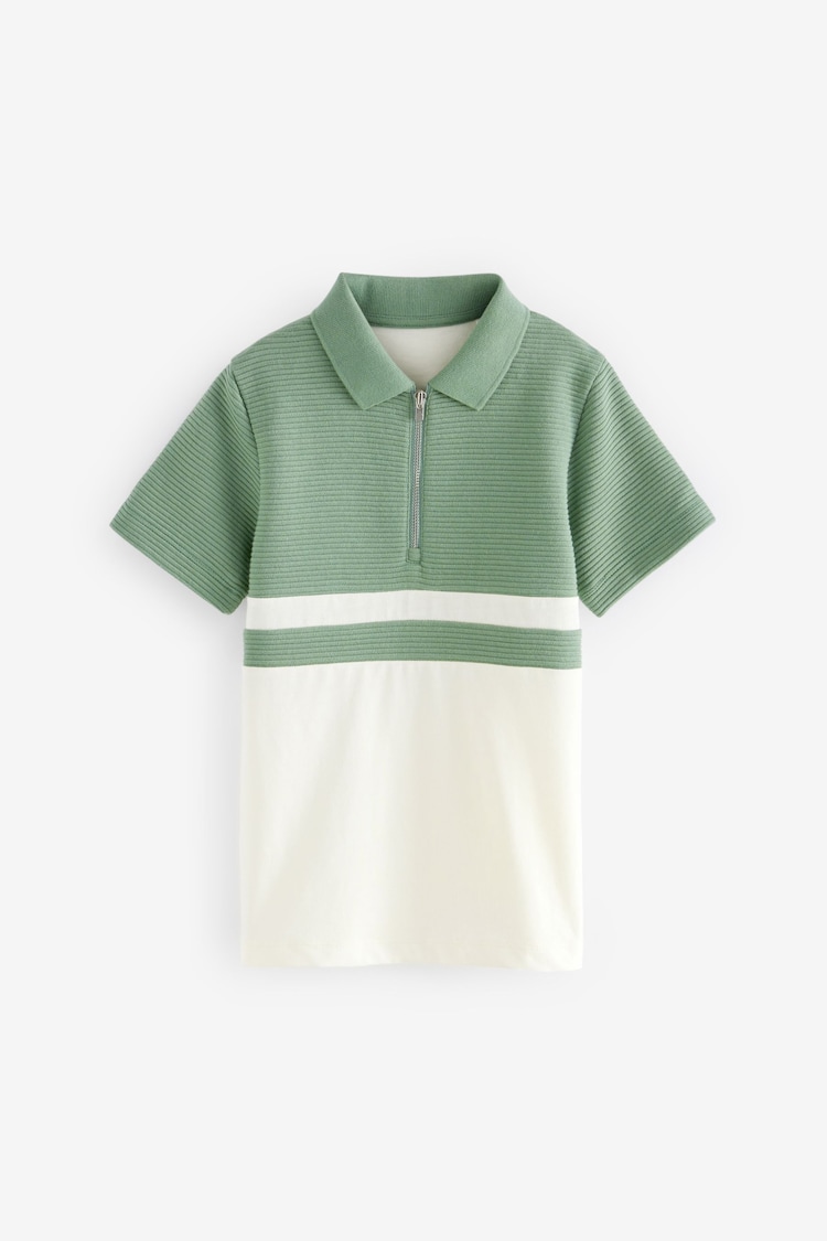 Green/Ecru Colourblock Short Sleeve 100% Cotton Polo Shirt (3-16yrs) - Image 1 of 3