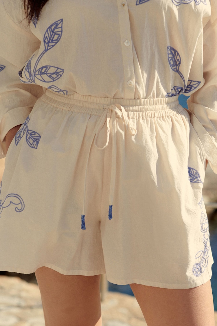 Cream/Blue 100% Cotton Embroidered Coord Pull On Shorts - Image 1 of 8