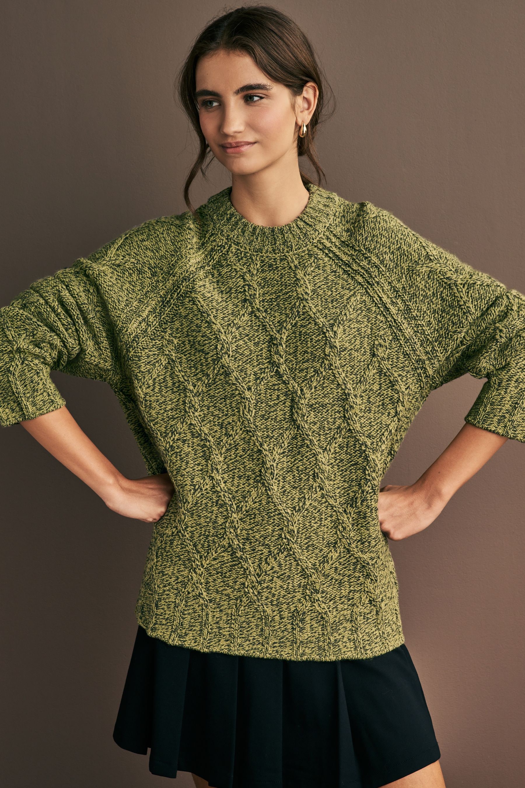 Green Khaki Olive Crew Neck Cable Knitted Jumper With Wool from Next Latvia