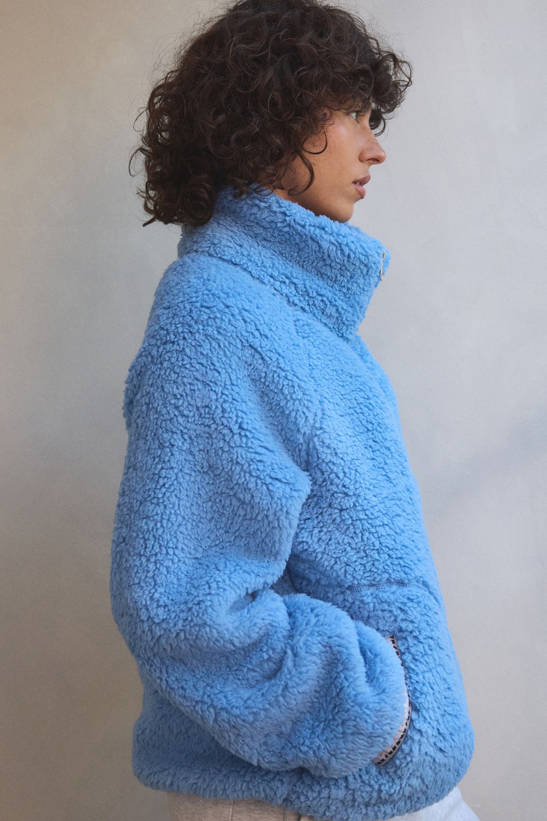 Uo willow fuzzy drawstring teddy jacket blue on sale
