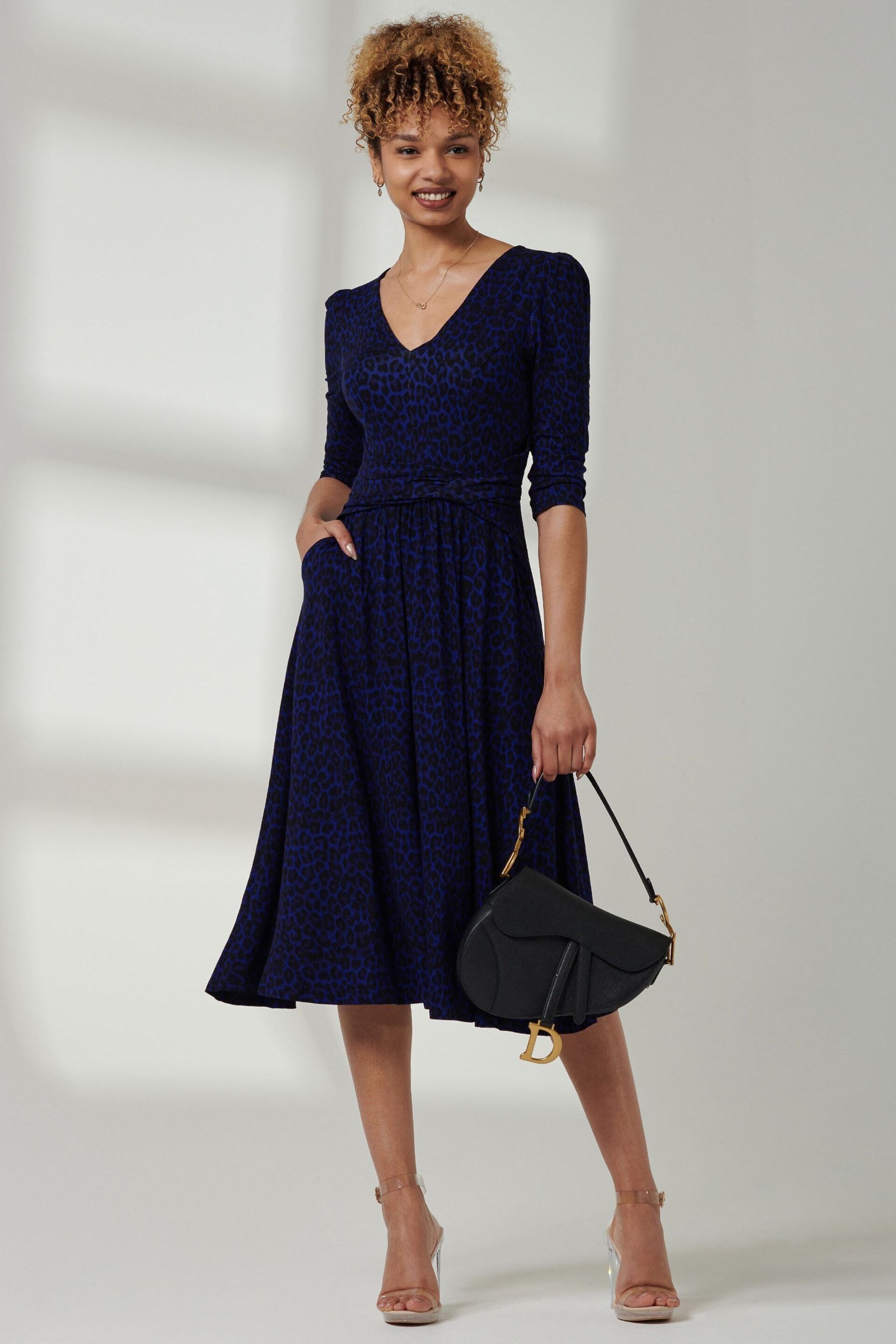 Jolie Moi Blue V-Neck Fit & Flare Jersey Midi Dress - Image 1 of 6