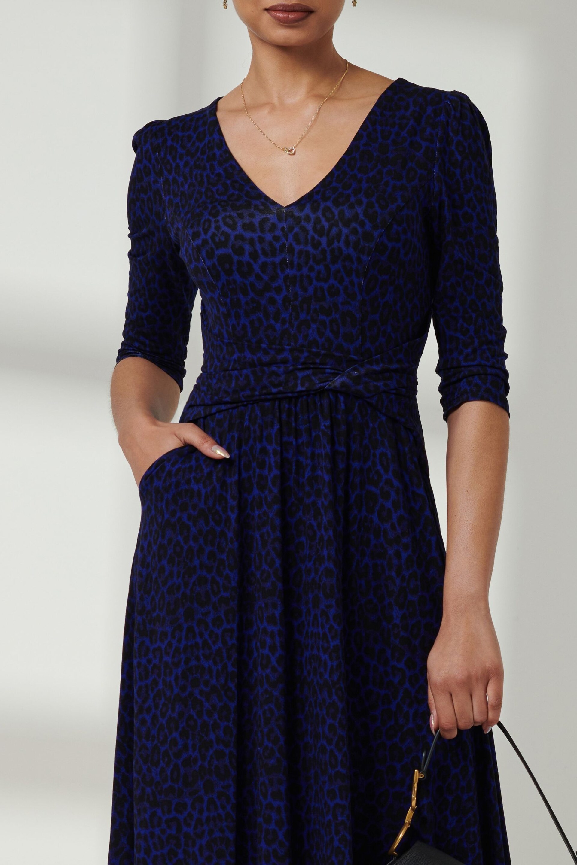 Jolie Moi Blue V-Neck Fit & Flare Jersey Midi Dress - Image 3 of 6