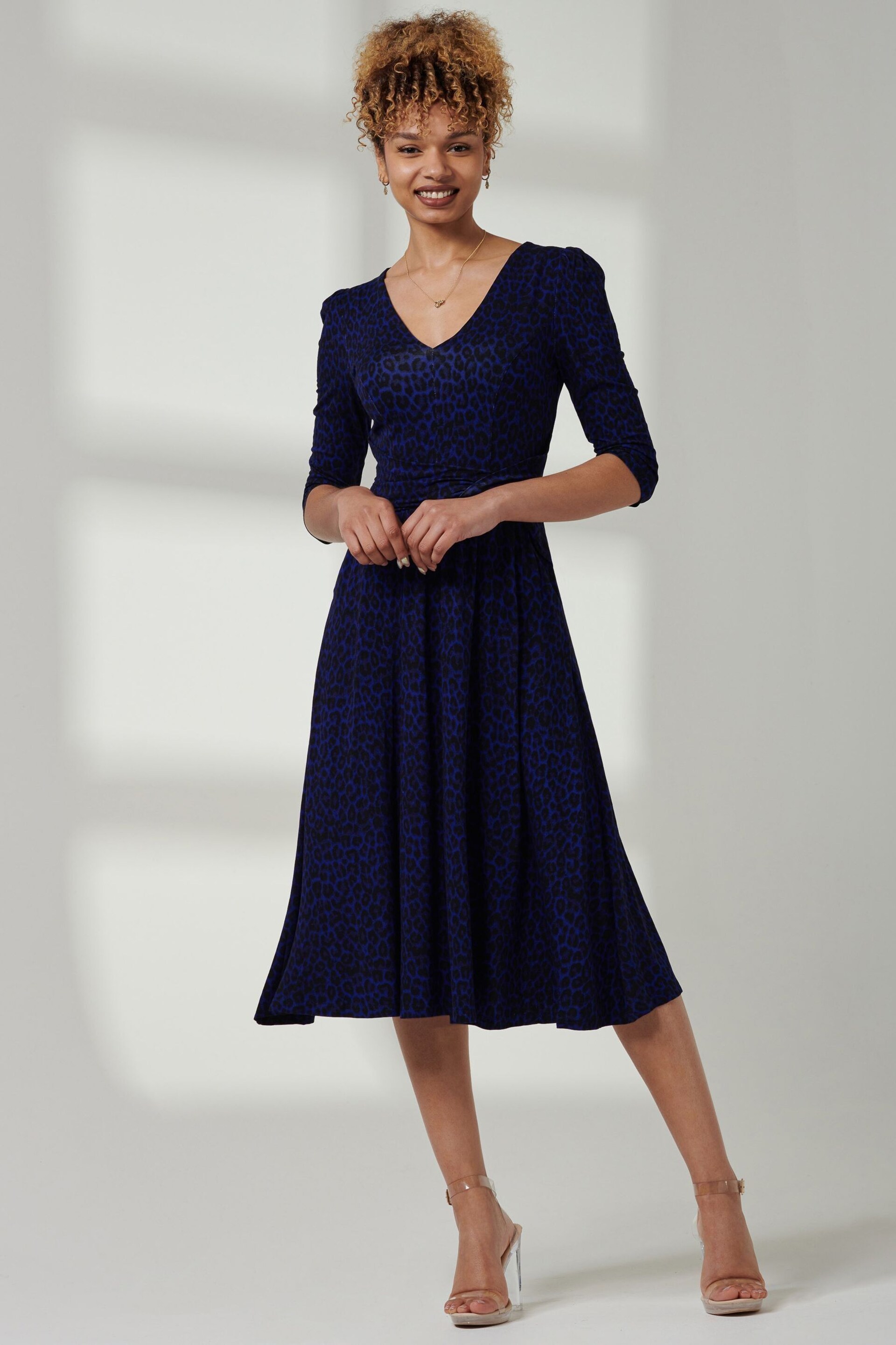 Jolie Moi Blue V-Neck Fit & Flare Jersey Midi Dress - Image 4 of 6