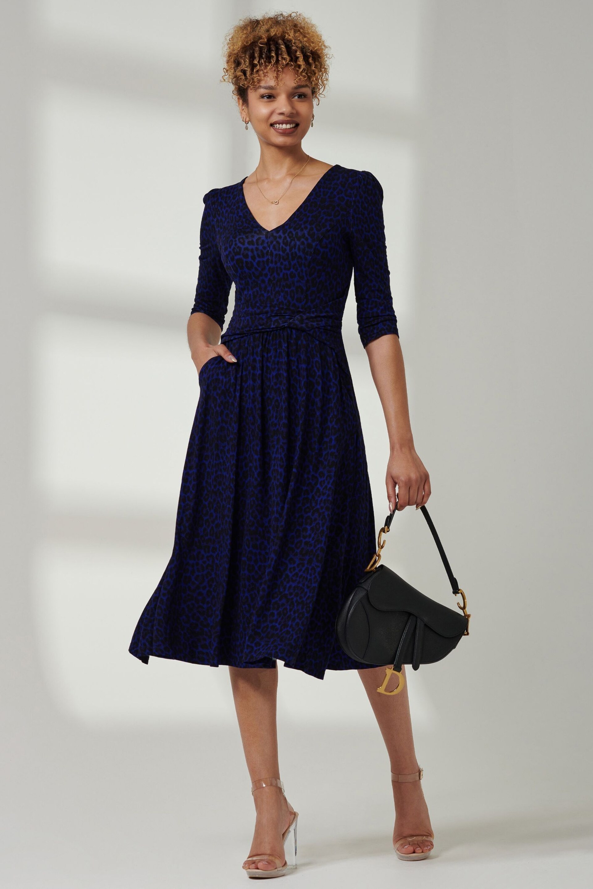 Jolie Moi Blue V-Neck Fit & Flare Jersey Midi Dress - Image 5 of 6