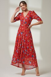 Jolie Moi Red V-Neck Short Sleeve Mesh Maxi Dress - Image 1 of 6