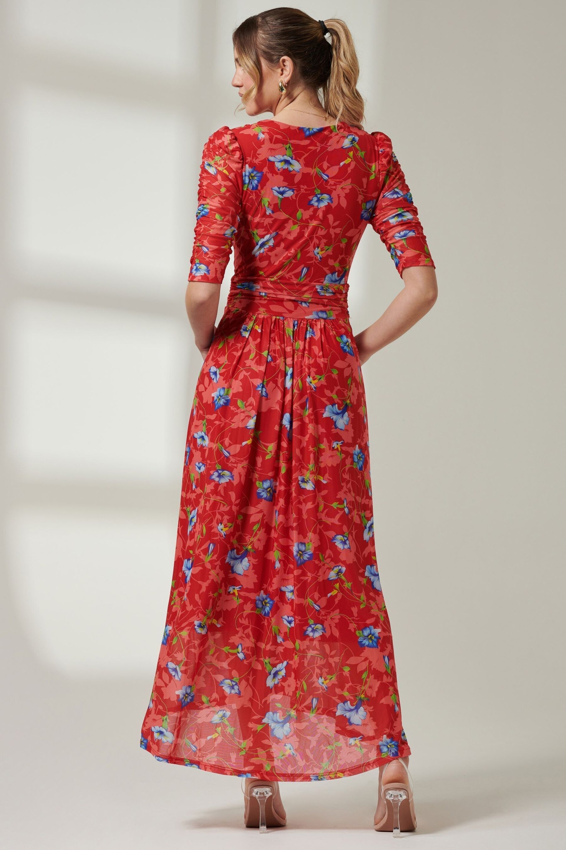 Jolie Moi Red V-Neck Short Sleeve Mesh Maxi Dress - Image 2 of 6