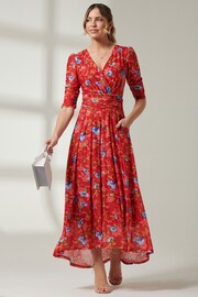 Jolie Moi Red V-Neck Short Sleeve Mesh Maxi Dress - Image 4 of 6