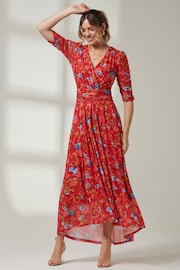 Jolie Moi Red V-Neck Short Sleeve Mesh Maxi Dress - Image 5 of 6