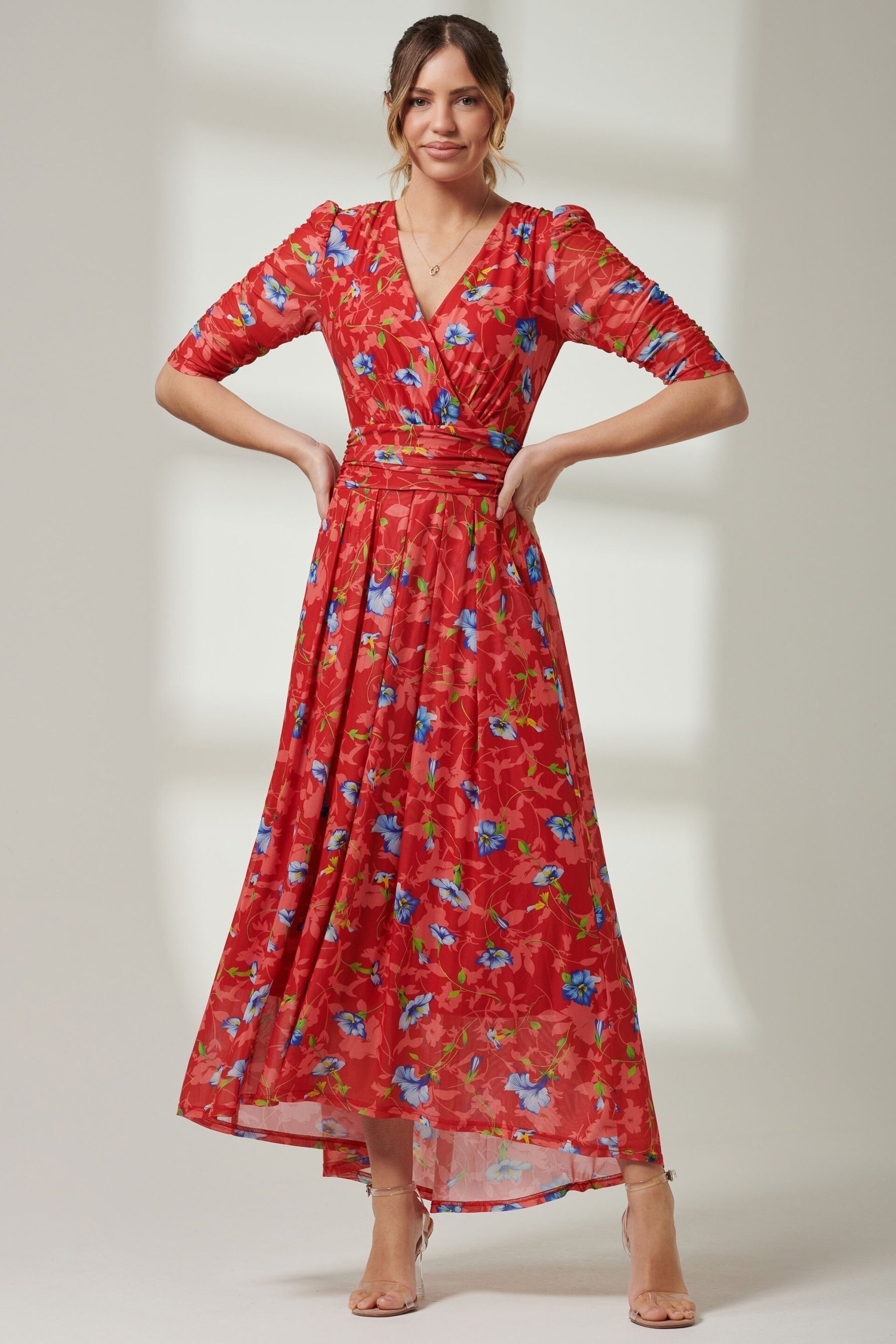 Jolie Moi Red V-Neck Short Sleeve Mesh Maxi Dress - Image 6 of 6
