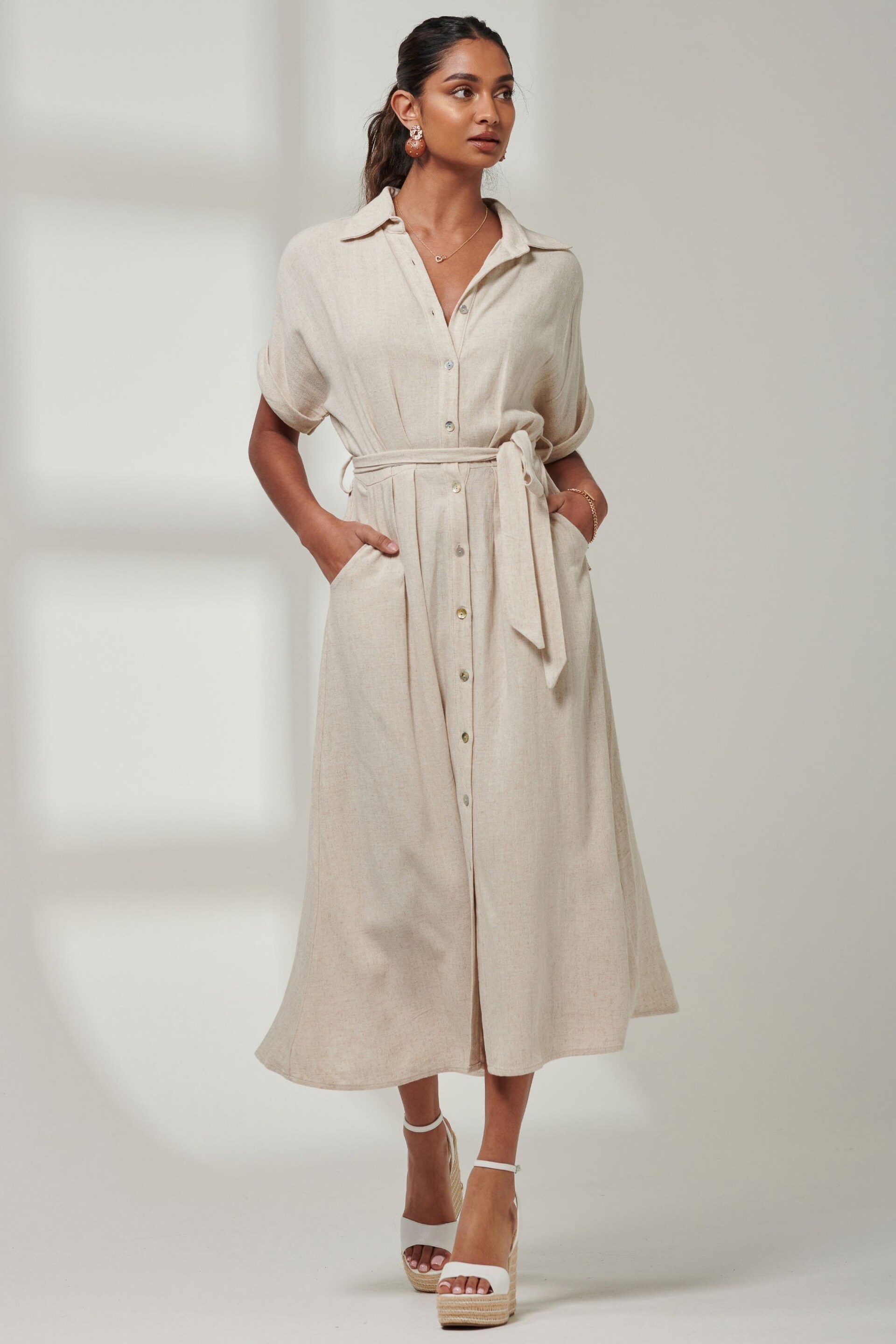 Jolie Moi Natural Jessie Linen Shirt Midi Dress - Image 5 of 6