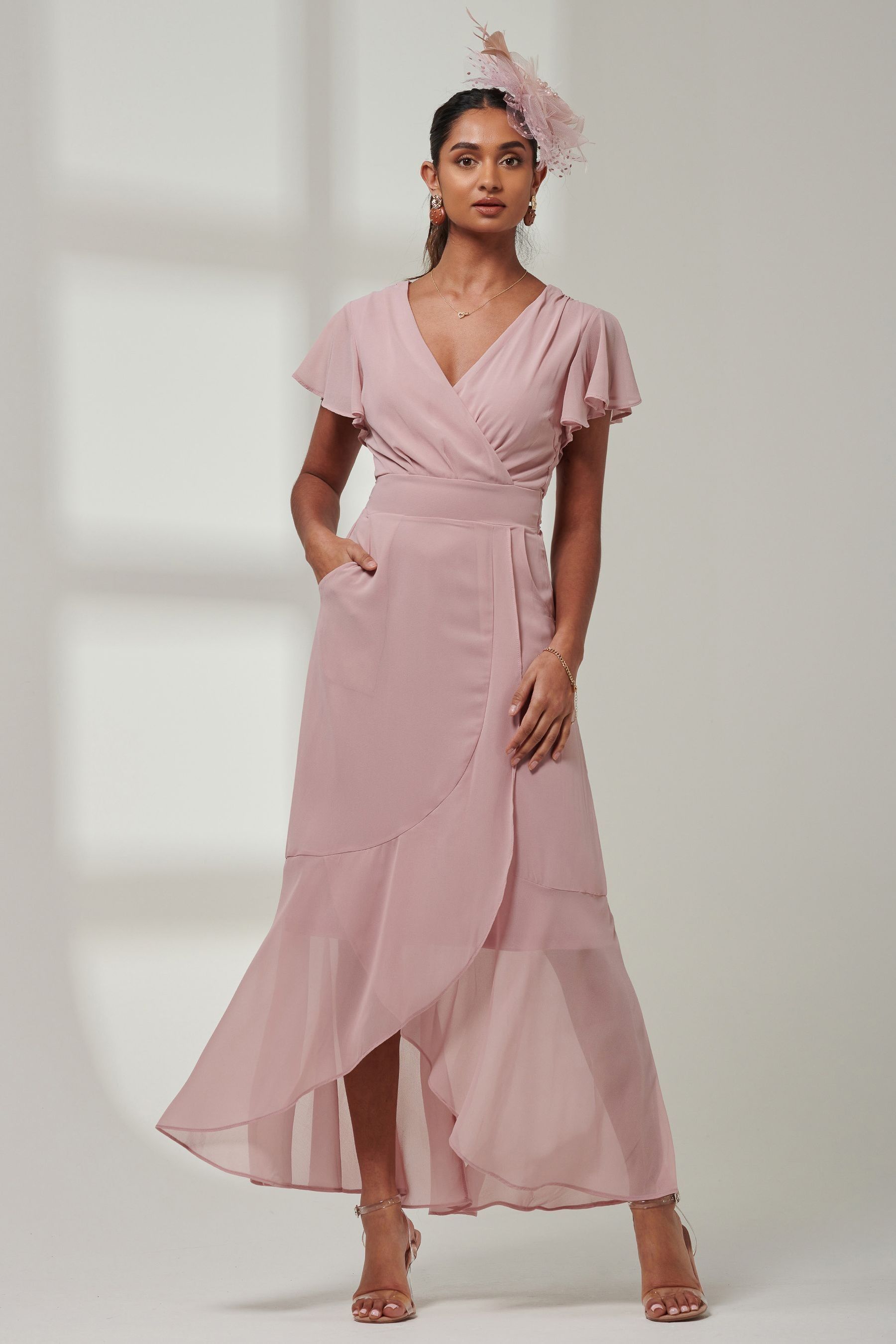 Frill wrap detail chiffon maxi dress sales
