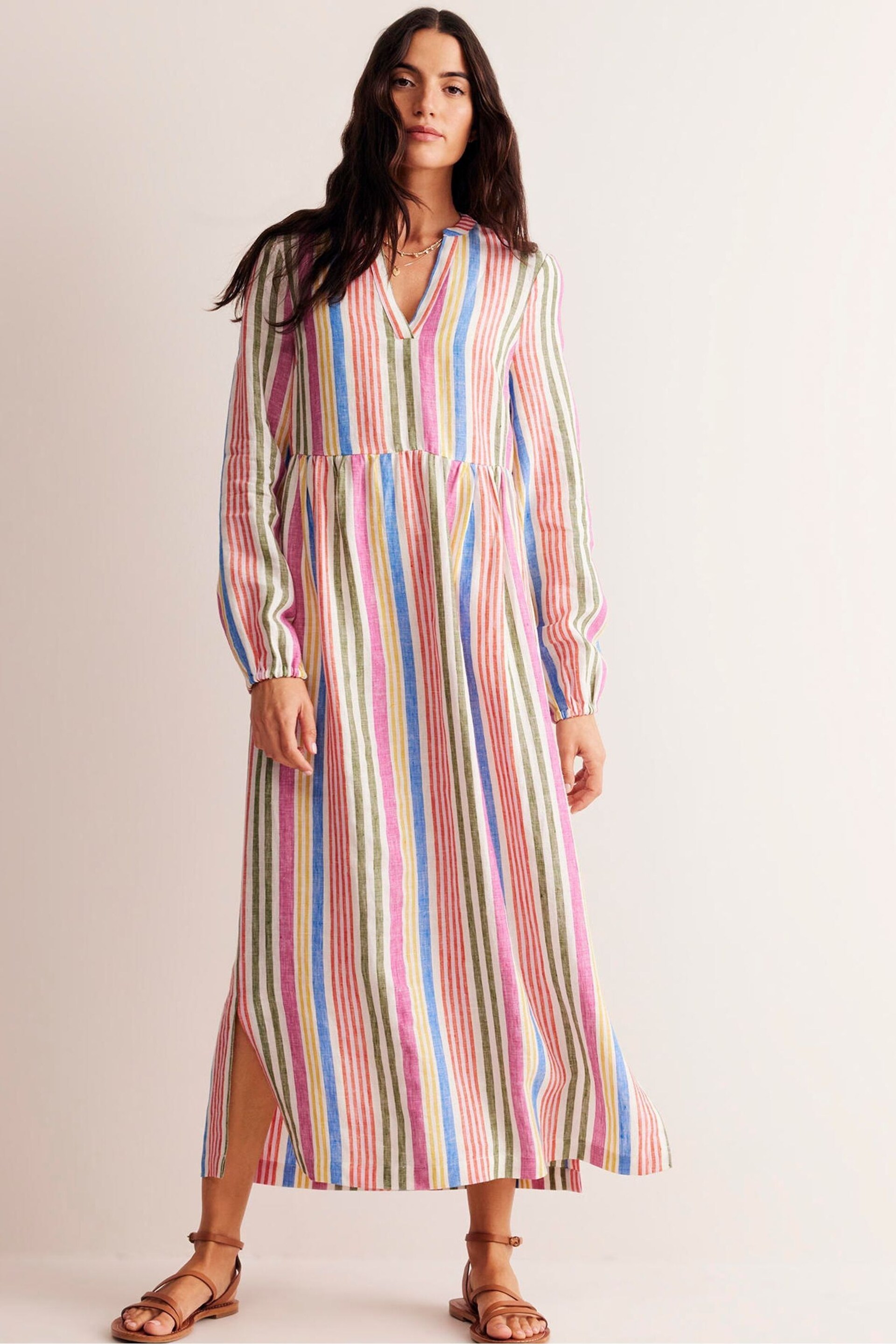 Boden Pink Petite Linen Stripe Maxi Notch Neck Dress - Image 1 of 5