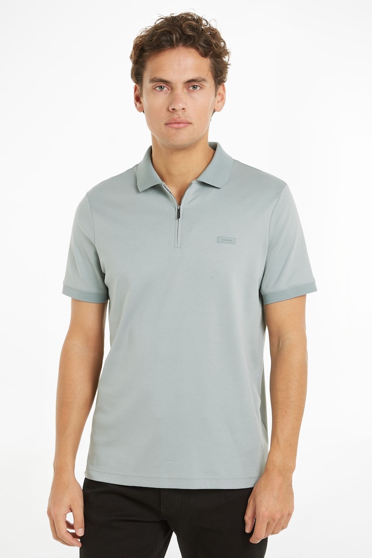 Calvin Klein Grey Smooth Cotton Welt Zip Polo Shirt - Image 1 of 6